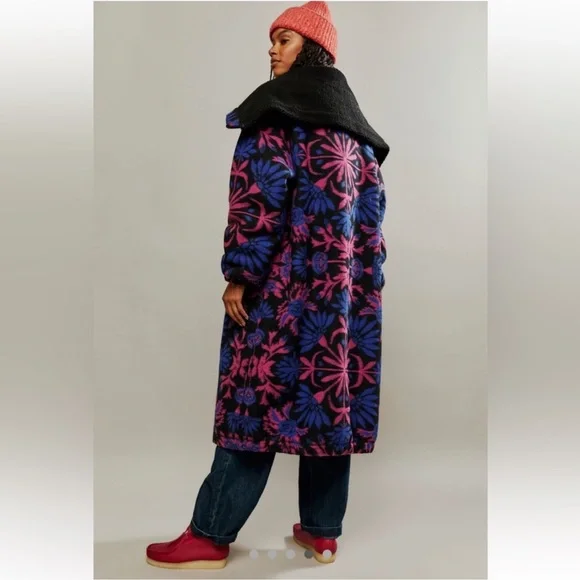 Free People This Love Black and Pink Floral Sherpa lined Coat - Picture 5 of 16